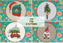 set 4 christmas cross stitch pattern, needlecraft pattern, point de croix pdf, gnome, christmas  tree, xmas