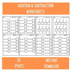 kindergarten math worksheets |  addition worksheets | subtraction worksheets | preschool counting | 1-20 | numbers