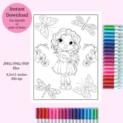 gorgeous summer girl coloring page, digital download coloring page, adult coloring page, doll unicorn coloring sheet