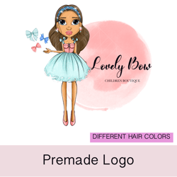 wonderful bow hair accessories premade logo, small business logo, girl character logo, cartoon logo, crafter logo