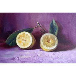 lemon painting fruit original art still life artwork food wall art impasto oil painting 8 by 12 inches