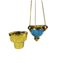 Grape Oil Lamp With Gold Cup - Hanging Vigil Lamp With Chain And Gold Glass - Light Blue Ceramic Grape Oil Lamp -