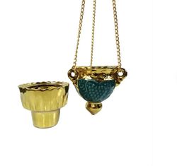 grape oil lamp with gold cup - hanging vigil lamp with chain and gold glass - green ceramic vine oil lamp - porcelain