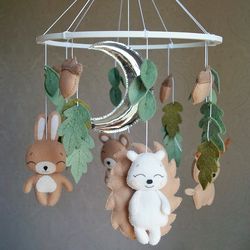 forest animals mobile, woodland mobile with crescent moon and leaves