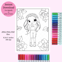 pretty flower girl coloring page, digital download coloring page, all ages coloring page, floral doll coloring sheet