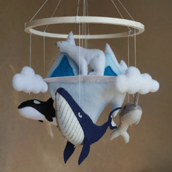 ocean whales mobile, narwhal and orca whale, crib toy for ocean nursery