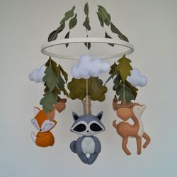 forest animal mobile for woodland nursery. fox, bambi, raccoon and hare around the oak tree