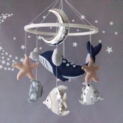 whale mobile for ocean nursery, blue whale with fish and crescent moon, ocean decor made of handmade felt