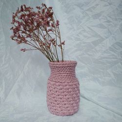 small pink vase for eco friendly home decor with glass vase inside, crochetet