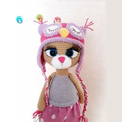 cat soft plush toy, crochet cat toy, gift for girl, plush kitty in hat