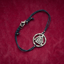 valknut viking bracelet on cotton cord in brass. odin pagan bangle. handcrafted jewelry for women. female tiny bracelet.