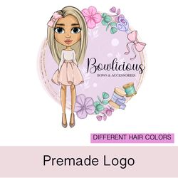 lovely bow girls hair accessories premade logo, small business logo, girl character logo, cartoon logo, crafter  logo