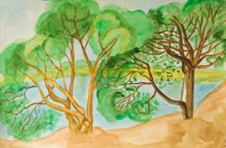 original painting summer landscape - trees and river