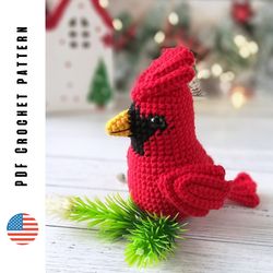 crochet red cardinal ornament, amigurumi male and female bird pattern, pdf pattern by crochettoysforkids