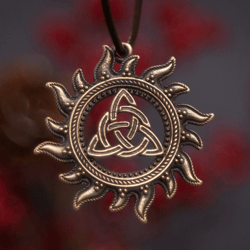 sun triquetra viking pendant on leather cord. trinity in solar circle with runes necklace. scandinavian handmade jewelry