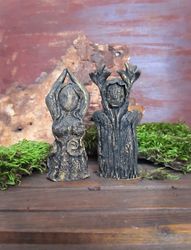 set 2 figurines – cernunnos horned god statue, mother earth goddess gaia