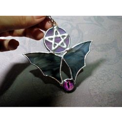 glass black bat, pentagram pendant, pentacle, star symbol, halloween, bat accessories, black bat wings