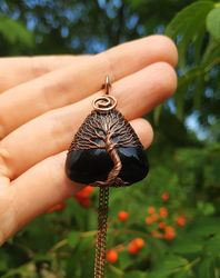 black agate tree of life wire wrap pendant, 10th wedding anniversary gift for husband, 10 year anniversary gift for him