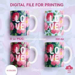 valentine's day set, 11oz mug sublimation designs with dog rose, png jpeg digital download