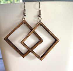 light wooden earrings, earrings hand painted wooden painted, square wooden earrings, size 1,6"