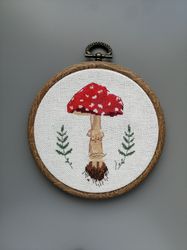 amanita embroidery, mushroom with fern, botanical cross stitch, cottagecore decor