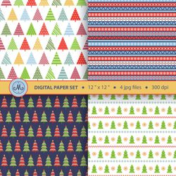 christmas tree digital paper, festive seamless patterns, holiday backgrounds, printable