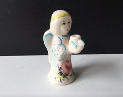 Ceramic Candle Holder | Angel Sculpture Candle Holder | Russian Folk Art Style Gzhel With Red Rose