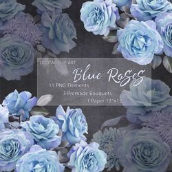 blue roses clipart. floral clip art.