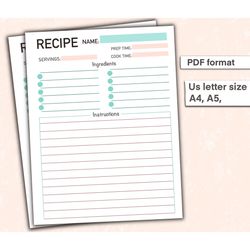 recipe template, printable recipe, recipe page, cookbook template, recipe card template, recipe printable, recipe book t