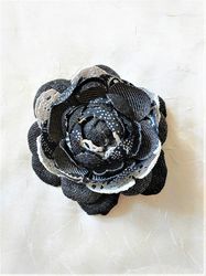 black denim flower pin, denim flower brooch, black denim and lace brooch, denim jeans brooch, black rose denim brooch