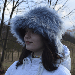 gray faux fur bucket hat. festival fuzzy hat. gray-blue fluffy hat. rave bucket hat. bright shaggy hat.