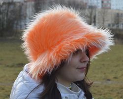 peach faux fur bucket hat. festival fuzzy neon hat. peach fluffy hat. rave bucket hat. bright shaggy hat. orange hat.