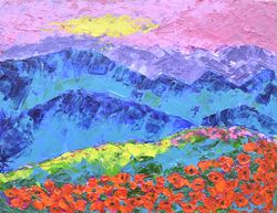 poppies in the mountains. landscape in bright colors art original