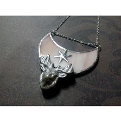 deer antler jewelry, deer head necklace, yule jewelry, christmas deer, moon crescent deer, stag head pendant