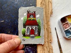 tiny art miniature original painting whimsical house mini artwork 2x3 by rubinova