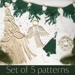 5 macrame patterns pdf: christmas trees, snowflake, angel, flags