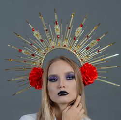 gold halo headpiece red rose flowers woman crown spiked crystal goddess cosplay halloween crown day of the dead