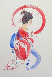 japanese woman painting original artwork watercolor female portrait   8" by 11" by artmadeira