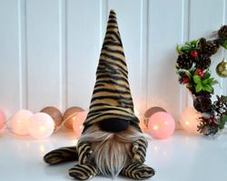 scandinavian plush gnome tiger, tiger faux fur print