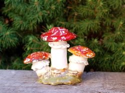 triple fly agarics figurine magic mushrooms handmade ceramic figurine fairy style amanita figurine home decor porcelain