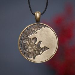 wolves pendant hati and skoll in viking style on leather cord. celtic ornament totem jewelry. necklace for man present