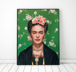 portrait frida kahlo poster green flowers, frida kahlo printable, frida kahlo wall art