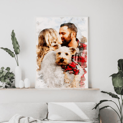 couple with pet portrait, custom family portrait, watercolor dog portrait, pet portrait, custom dog digital painting