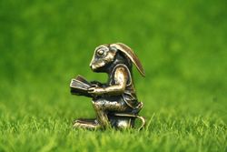 figurine hare, rabbit miniature statuette of bronze, metal figurine