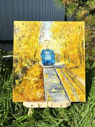 tram painting autumn wall art gold art landscape painting nature art