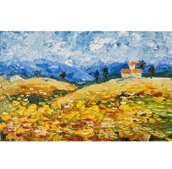 sunflowers painting field original artwork landscape wall art 8 by12 inch by oksana stepanova