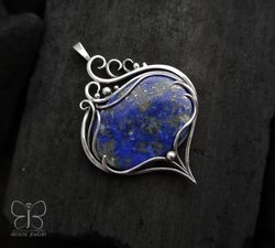 wire wrap pendant lapis lazuli necklace sterling silver pendant elven necklace