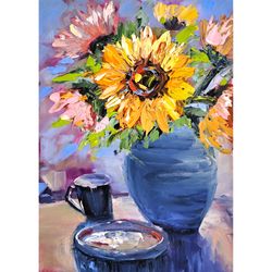 sunflowers oil painting impasto still life art flowers original art 10" by 14" by d. vyazmin