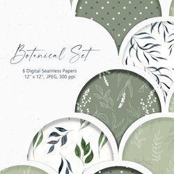 digital watercolor seamless patterns with green leaves, branches and polka dots. botanical print in sage green and white