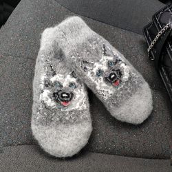 gray women's mittens, woolen winter mittens, knitted mittens with a dog